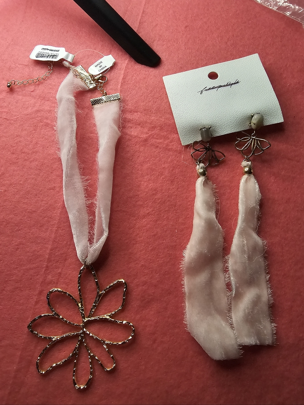 Pink Chiffon Ribbon Flower Necklace & Earrings Set NWT FREE PEOPLE MATCHING SET.